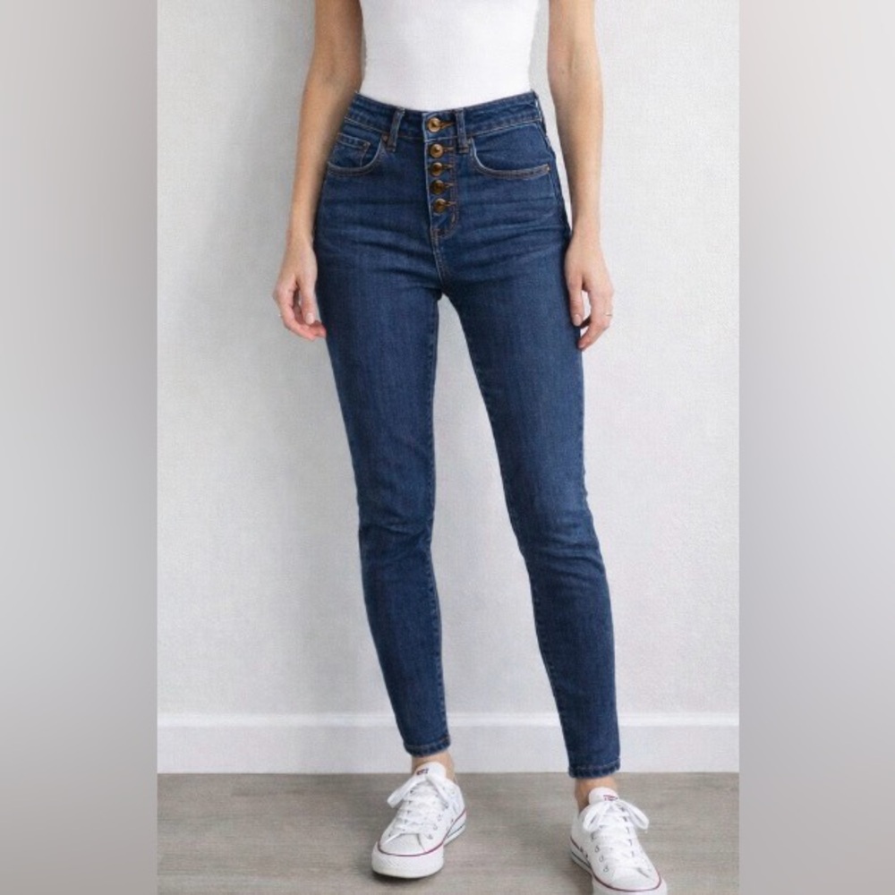LOFT High Rise Dark Wash Button Flu Skinny Jeans Size 24/00 (fits like a 25)